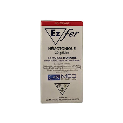 Product label for Triferexx Ez Fer 150 mg Elemental Iron with 250 mg Vitamin C (30 Capsules) in French