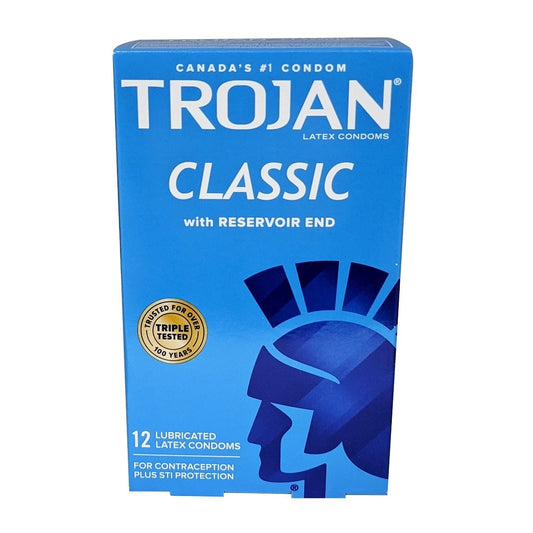 Product label for Trojan Classic Lubricated Latex Condoms 12 count in English