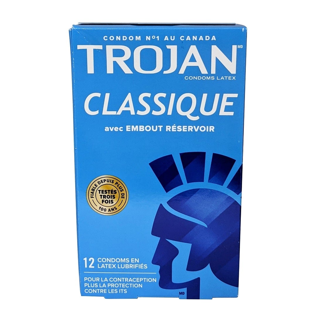 Product label for Trojan Classic Lubricated Latex Condoms 12 count in French