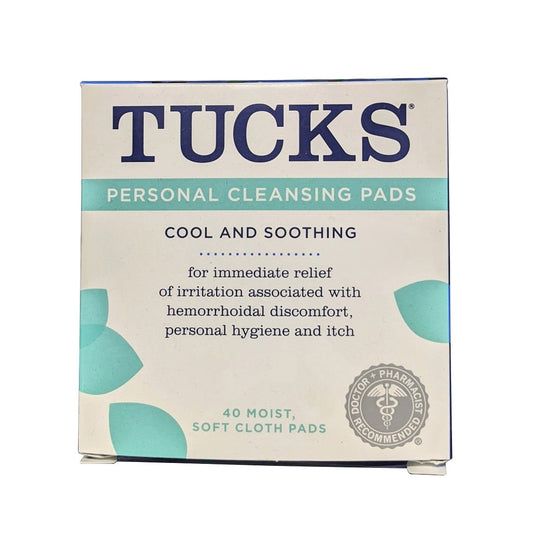 Product label for Tucks Personal Cleansing Pads Cool and Soothing (40 count) in English