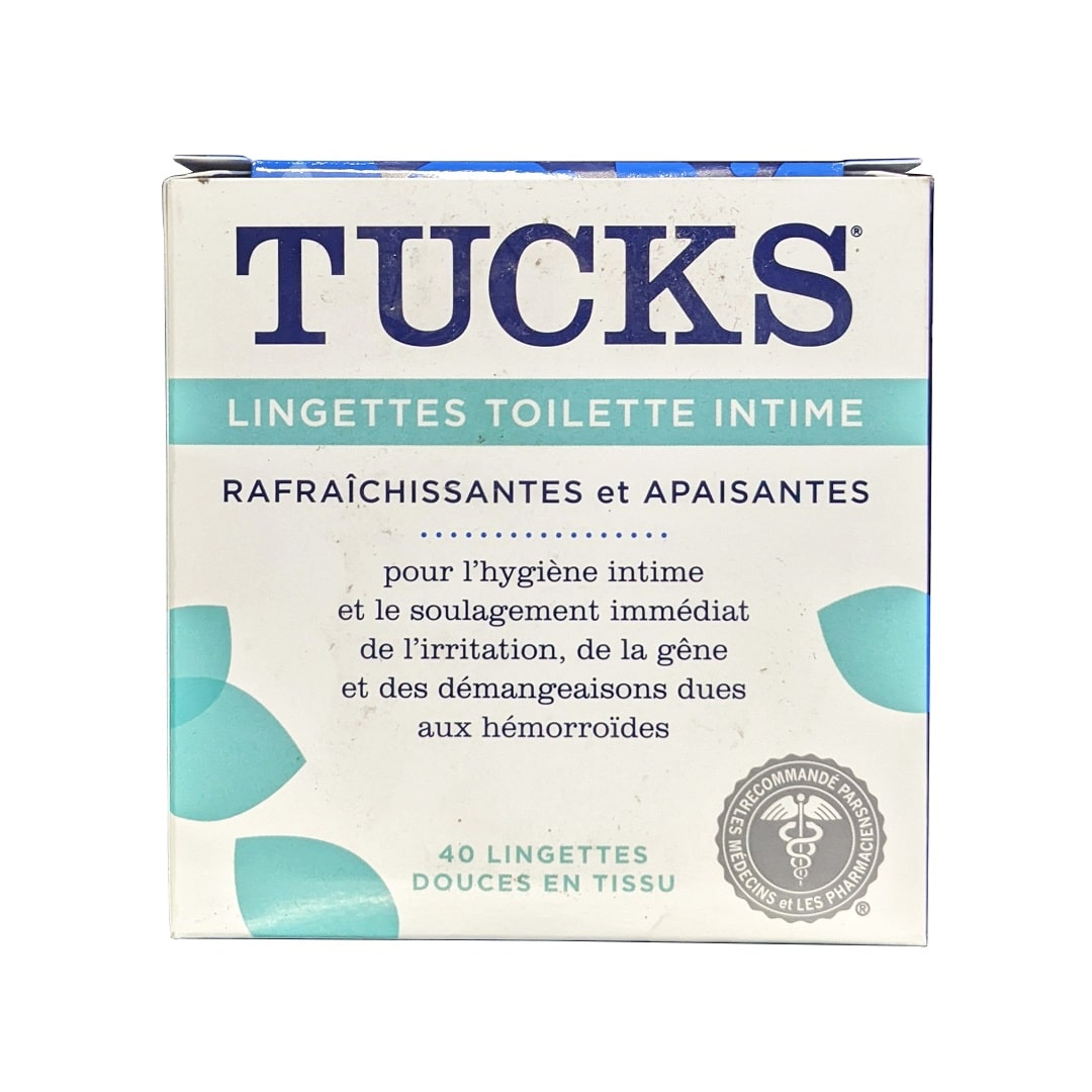 Product label for Tucks Personal Cleansing Pads Cool and Soothing (40 count) in French