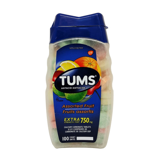 Product label for Tums Extra Strength Antacid 750mg Calcium Carbonate (Assorted Fruit Flavours) 100 tabs