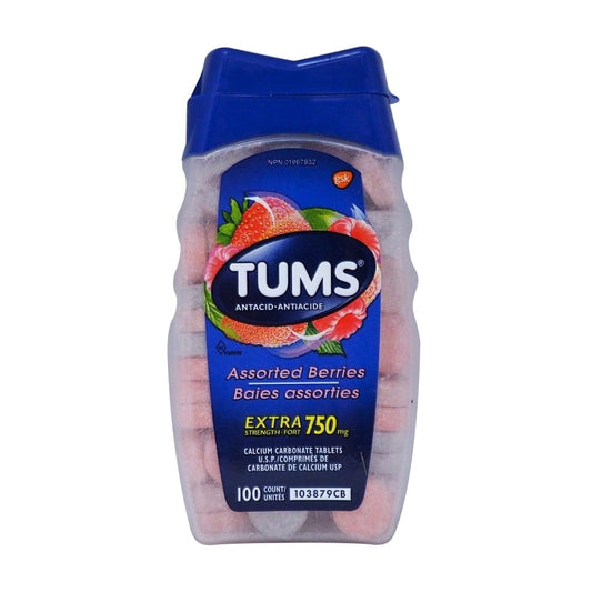 Product label for Tums Extra Strength Antacid 750mg Calcium Carbonate (Assorted Berry Flavours) 100 tabs