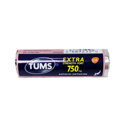 Product label for Tums Extra Strength Antacid 750mg Calcium Carbonate (Assorted Berry Flavours)