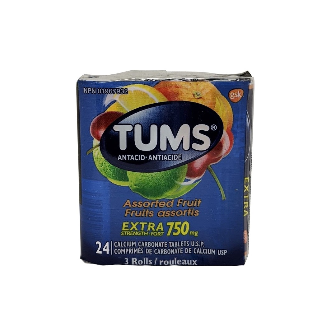 Product label for Tums Extra Strength Antacid 750mg Calcium Carbonate (Assorted Fruit Flavours) 3x8tablets