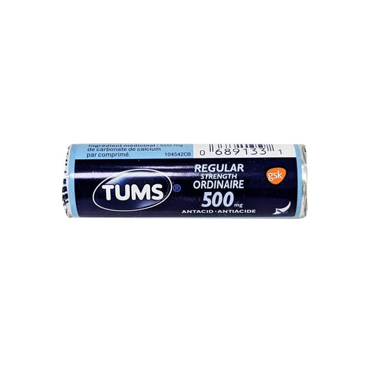 Product label for Tums Regular Strength Antacid 500mg Calcium Carbonate (12 chewable tablets)