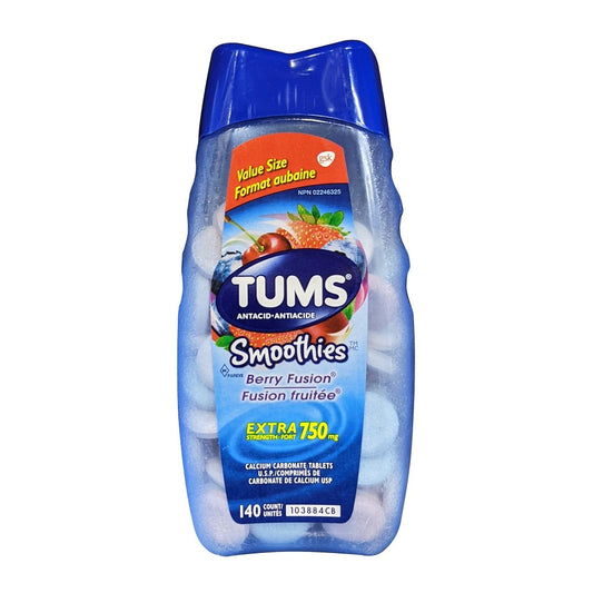 Product label for Tums Smoothies Extra Strength Antacid Tablets 750mg (Berry Fusion Flavours) (140 tablets)
