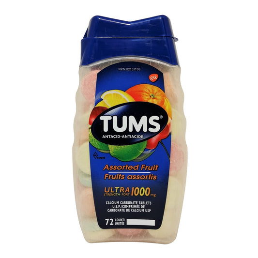 Product label for Tums Ultra Strength Antacid 1000mg Calcium Carbonate (Assorted Fruit Flavours) (72 chewable tablets)