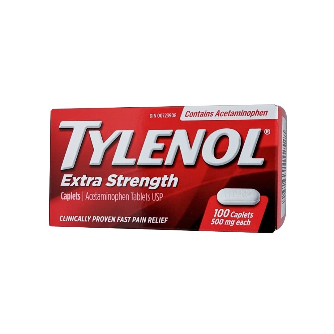 Product label for Tylenol Extra Strength Acetaminophen 500mg 100 caps in English