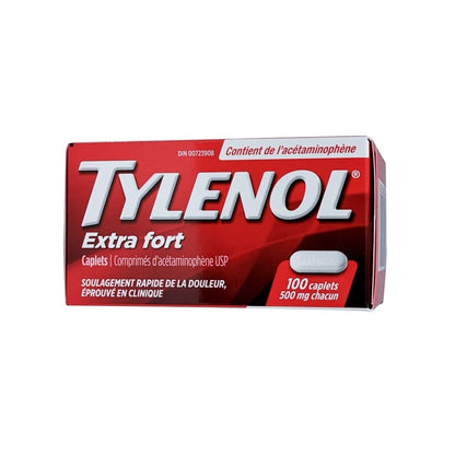 Product label for Tylenol Extra Strength Acetaminophen 500mg 100 caps in French