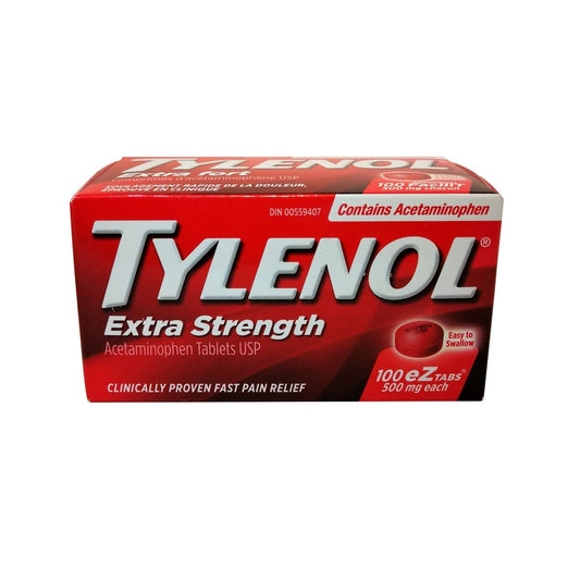 Product label for Tylenol Extra Strength Acetaminophen 500mg (eZ Tablets) 100 tabs in English