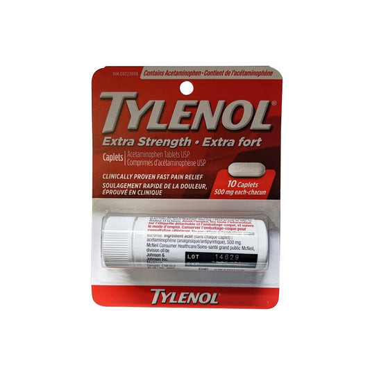 Product label for Tylenol Extra Strength Acetaminophen 500mg (10 caplets) 