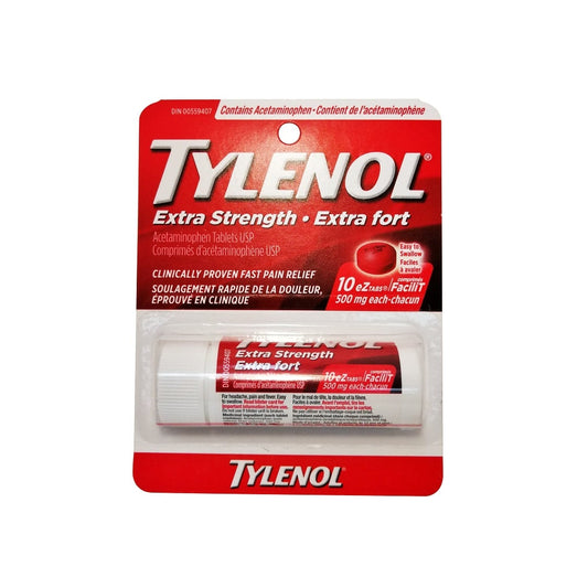 Product label for Tylenol Extra Strength Acetaminophen 500mg (eZ Tablets) Travel Pack