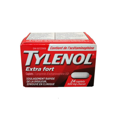 Product label for Tylenol Extra Strength Acetaminophen 500mg 24 caps in French