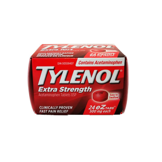 Product label for Tylenol Extra Strength Acetaminophen 500mg (eZ Tablets) 24 tabs in English