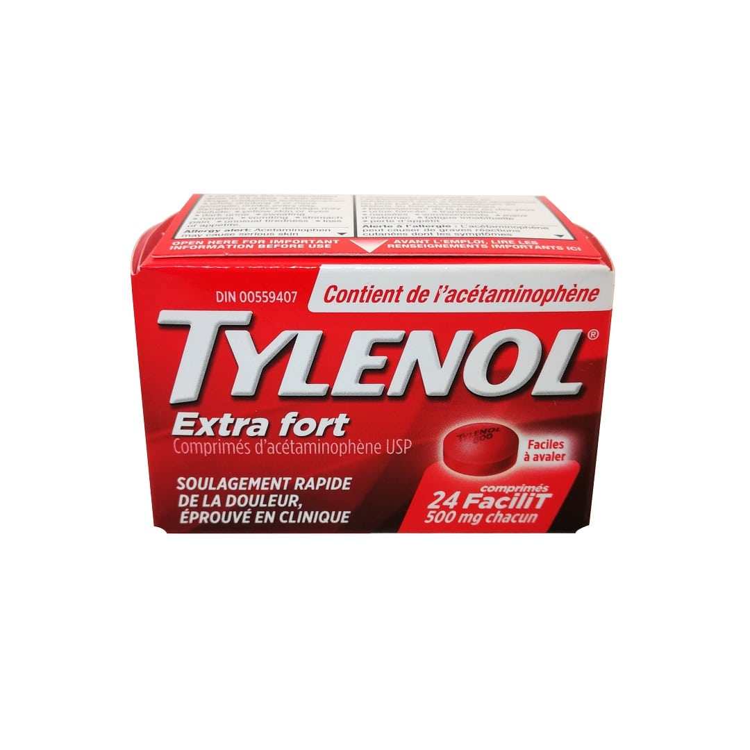 Product label for Tylenol Extra Strength Acetaminophen 500mg (eZ Tablets) 24 tabs in French