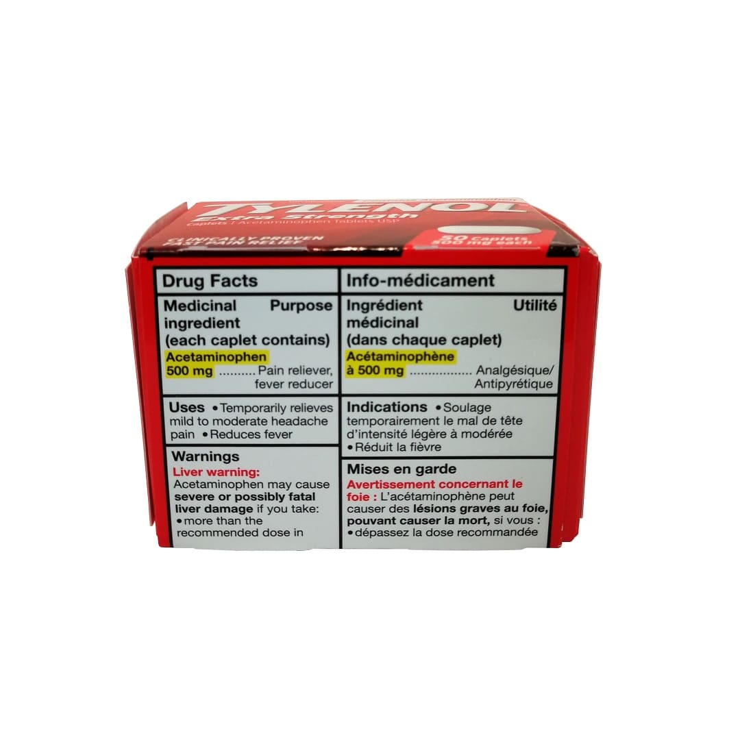 Ingredients, uses and warnings for Tylenol Extra Strength Acetaminophen 500mg (50 caplets)