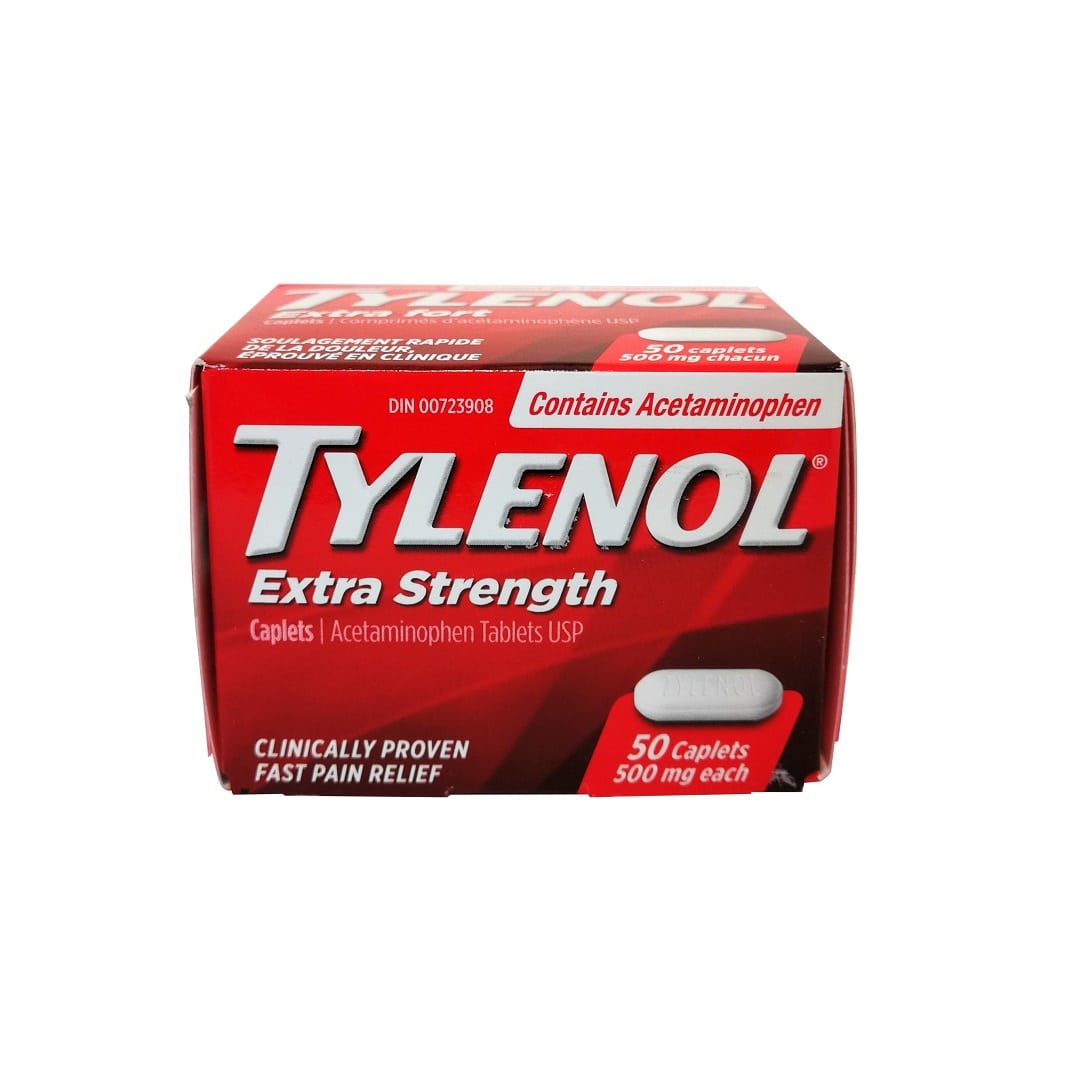 Product label for Tylenol Extra Strength Acetaminophen 500mg 50 caps in English