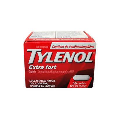 Product label for Tylenol Extra Strength Acetaminophen 500mg 50 caps in English