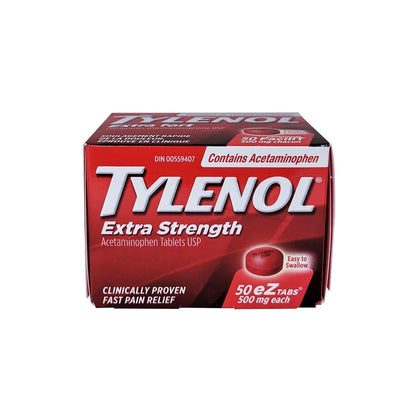 Product label for Tylenol Extra Strength Acetaminophen 500mg (eZ Tablets) 50 tabs in English