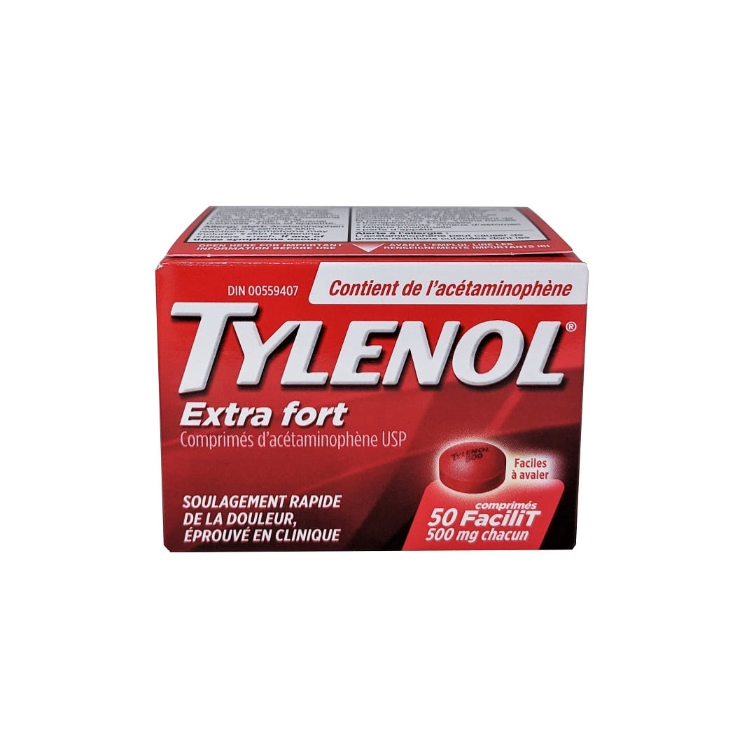 Product label for Tylenol Extra Strength Acetaminophen 500mg (eZ Tablets) 50 tabs in French