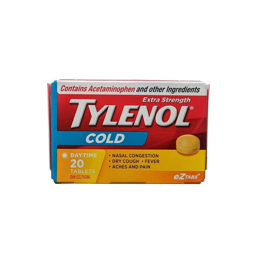 Product label for Tylenol Cold Extra Strength Daytime (20 eZ Tablets) in English