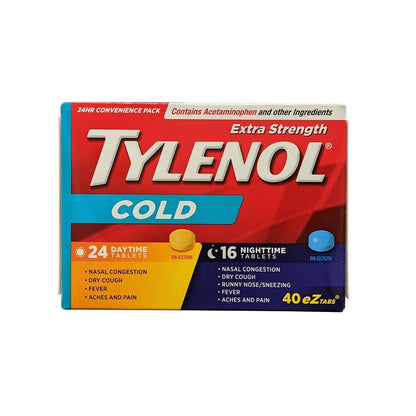 Product label for Tylenol Cold Extra Strength Daytime and Nighttime (40 eZ Tablets) in English