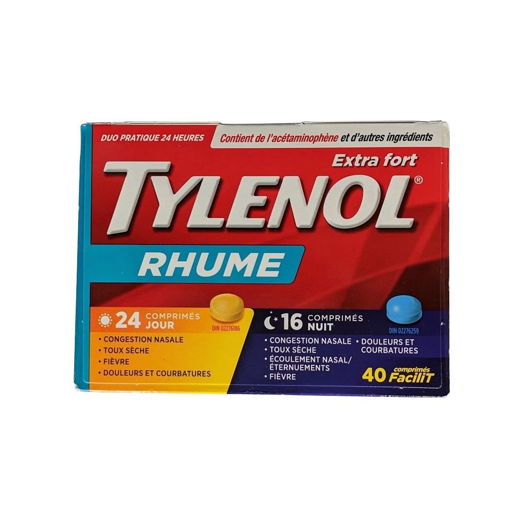 Product label for Tylenol Cold Extra Strength Daytime and Nighttime (40 eZ Tablets) in French
