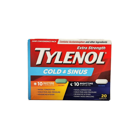 Product label for Tylenol Extra Strength Cold and Sinus (20 Caplets) in English