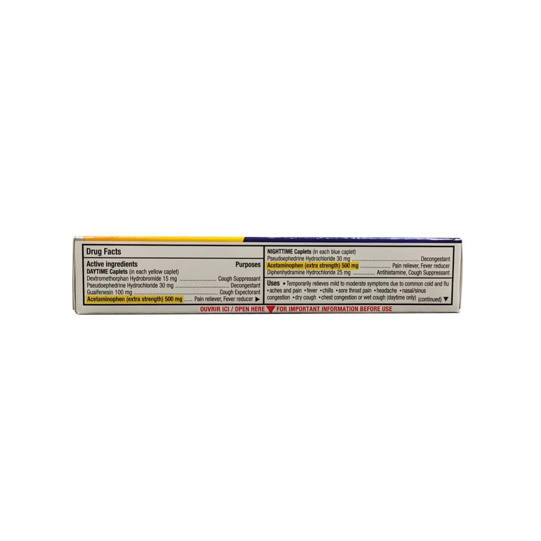 Drug facts for Tylenol Extra Strength Complete Cold, Cough, and Flu Day and Night (24 Caplets) in English