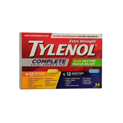 Product label for Tylenol Extra Strength Complete Cold, Cough, and Flu Day and Night (24 Caplets) in English