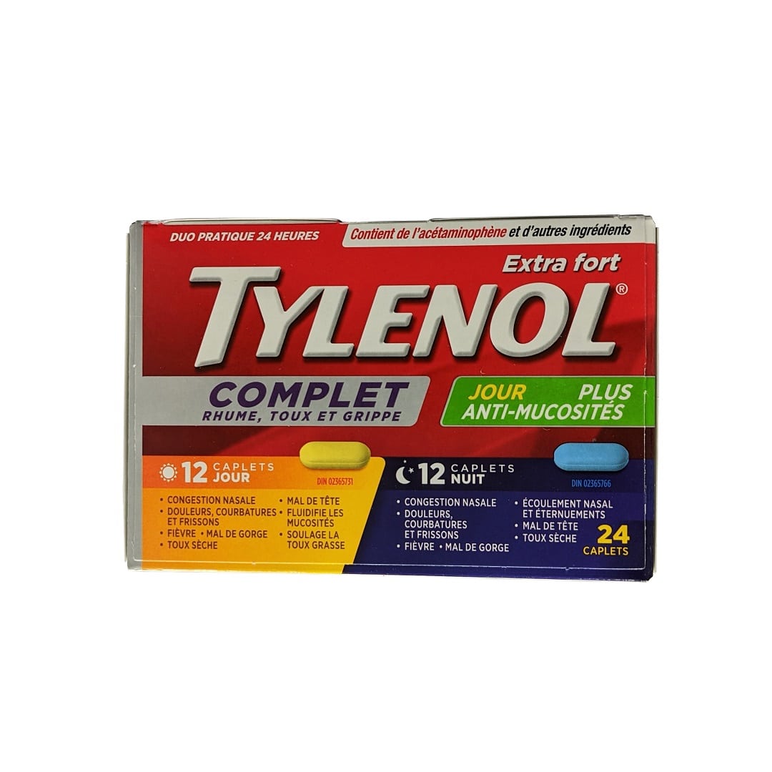 Product label for Tylenol Extra Strength Complete Cold, Cough, and Flu Day and Night (24 Caplets) in French