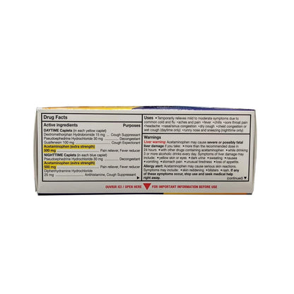Ingredients, uses and warnings for Tylenol Extra Strength Complete Cold, Cough, and Flu Day and Night (40 Caplets) in English