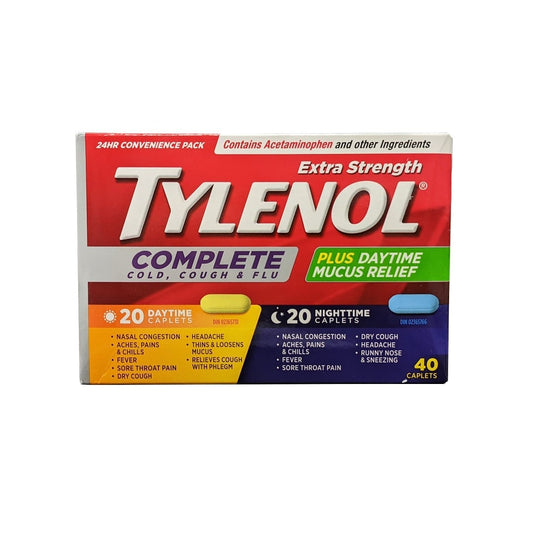 Product label for Tylenol Extra Strength Complete Cold, Cough, and Flu Day and Night (40 Caplets) in English