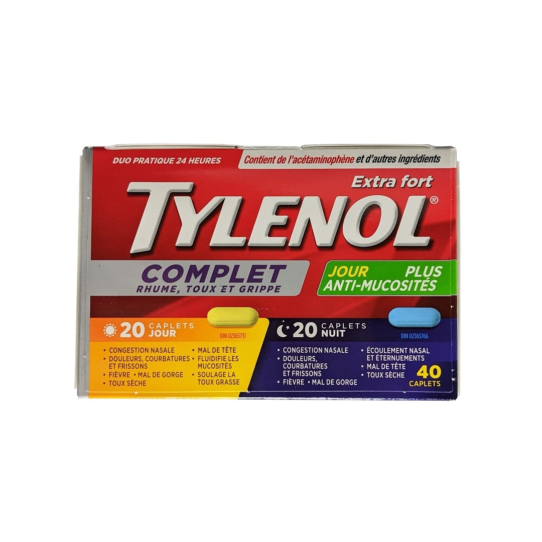 Product label for Tylenol Extra Strength Complete Cold, Cough, and Flu Day and Night (40 Caplets) in French