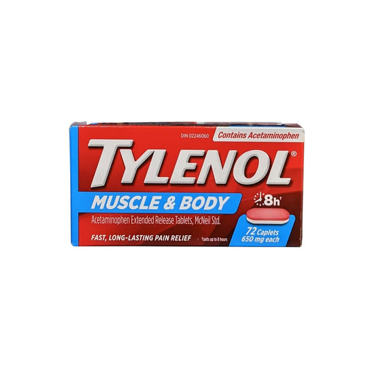 Product label for Tylenol Muscle & Body Acetaminophen 650 mg (72 caplets) in English