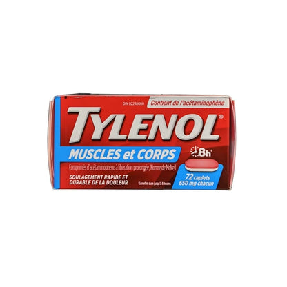 Product label for Tylenol Muscle & Body Acetaminophen 650 mg (72 caplets) in French