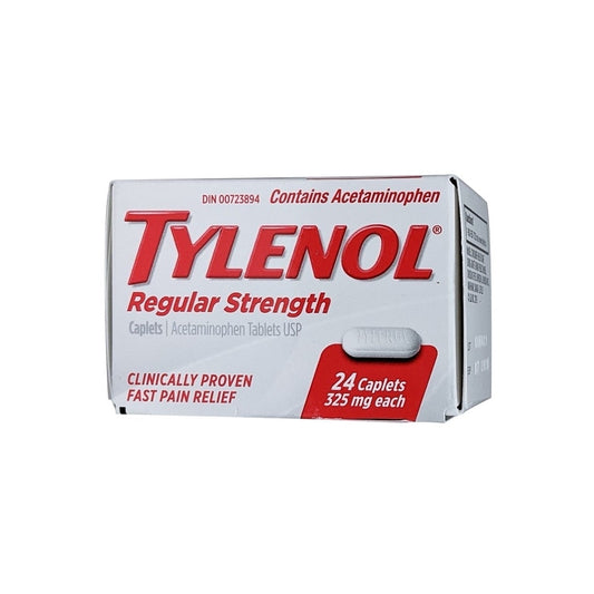 Product label for Tylenol Regular Strength Acetaminophen 325mg 24 caps in English