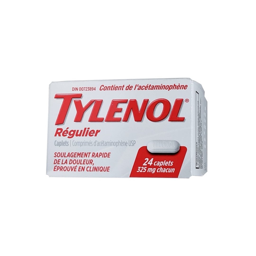 Product label for Tylenol Regular Strength Acetaminophen 325mg 24 caps in French