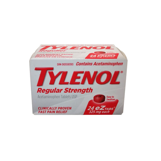 Product label for Tylenol Regular Strength Acetaminophen 325mg eZ Tablets 24 tabs in English