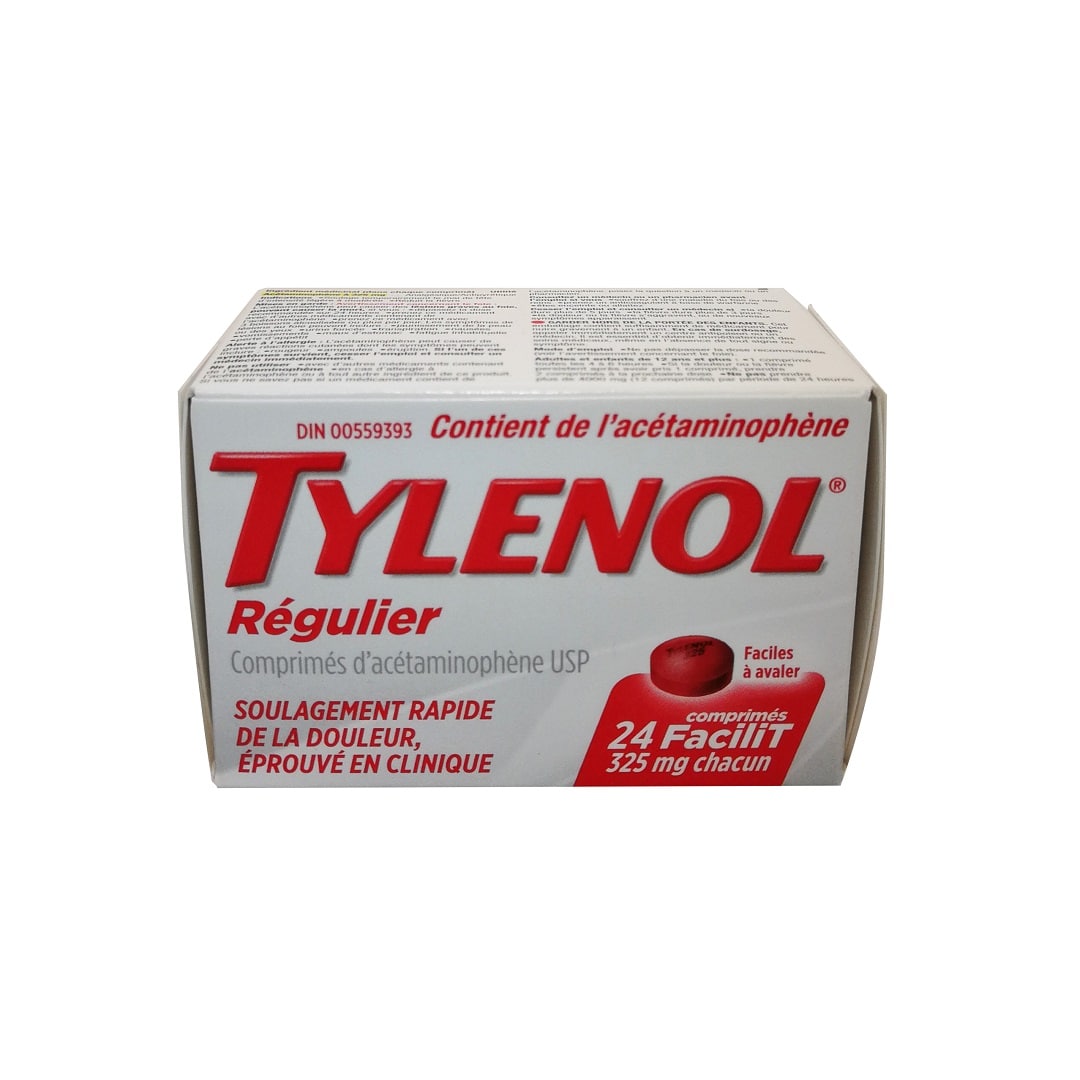 Product label for Tylenol Regular Strength Acetaminophen 325mg eZ Tablets 24 tabs in French