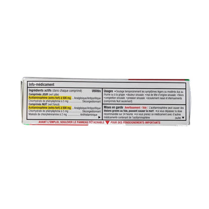 Ingredients, uses, warnings for Tylenol Sinus Daytime & Nighttime (20 eZ Tablets) in French