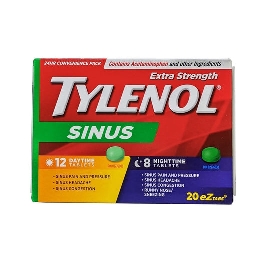 Product label for Tylenol Sinus Daytime & Nighttime (20 eZ Tablets) in English
