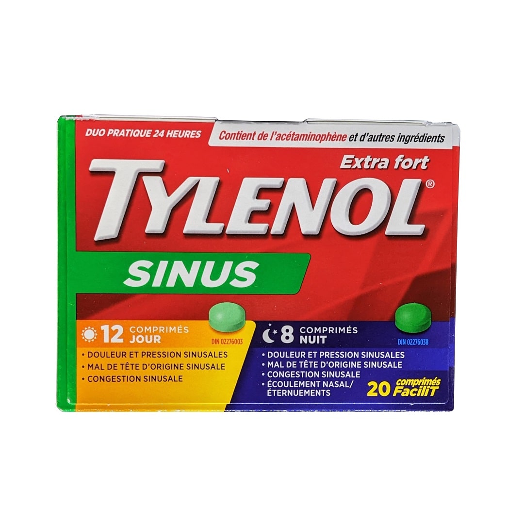 Product label for Tylenol Sinus Daytime & Nighttime (20 eZ Tablets) in French