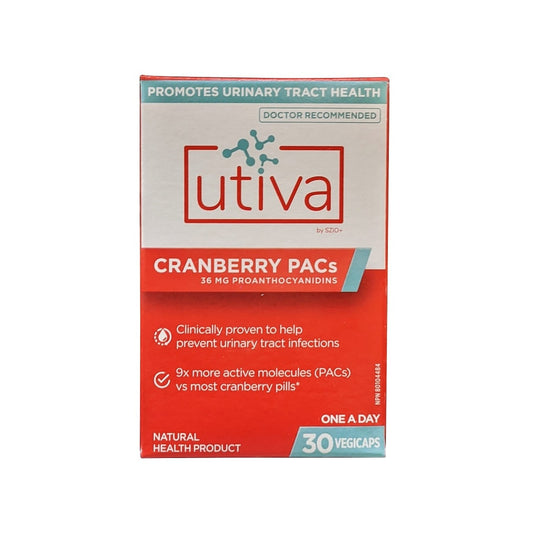 Product label for UTIVA Cranberry PACs 36 mg Proanthocyanidins (30 capsules) in English