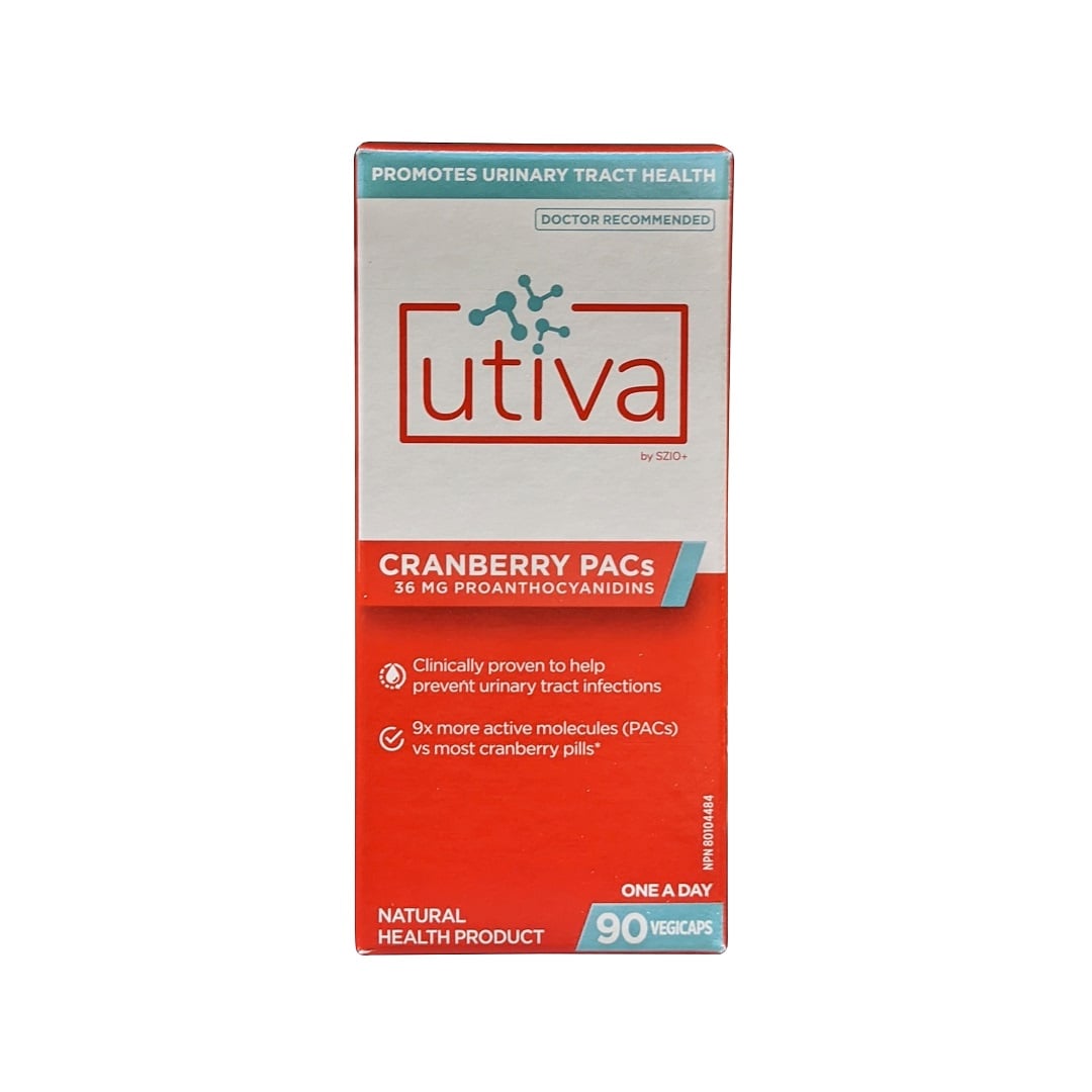 Product label for UTIVA Cranberry PACs 36 mg Proanthocyanidins (90 capsules) in English