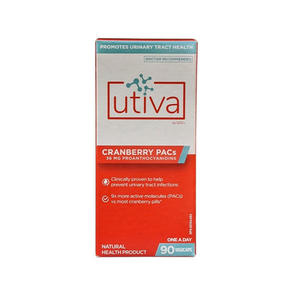 Product label for UTIVA Cranberry PACs 36 mg Proanthocyanidins (90 capsules) in English