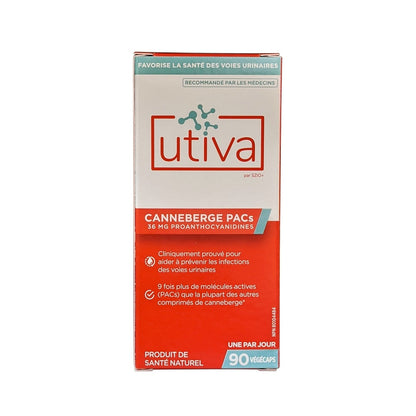 Product label for UTIVA Cranberry PACs 36 mg Proanthocyanidins (90 capsules) in French