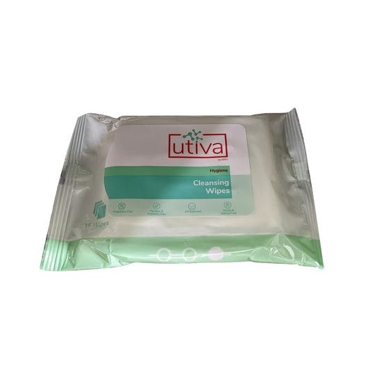 Product label for UTIVA Personal Cleansing Wipes (15 count)
