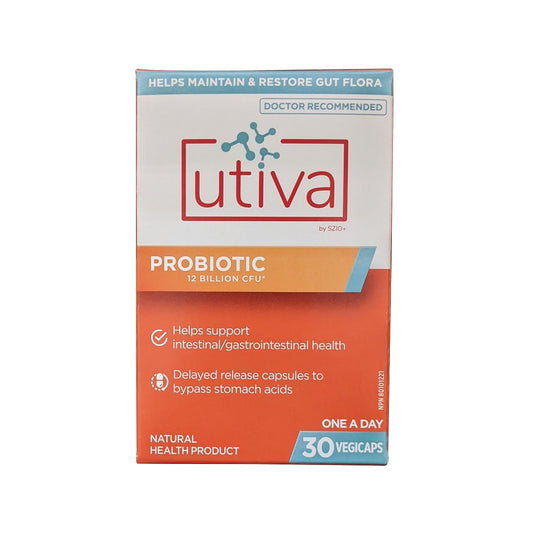 Product label for UTIVA Probiotic 12 Billion CFU (30 capsules) in English